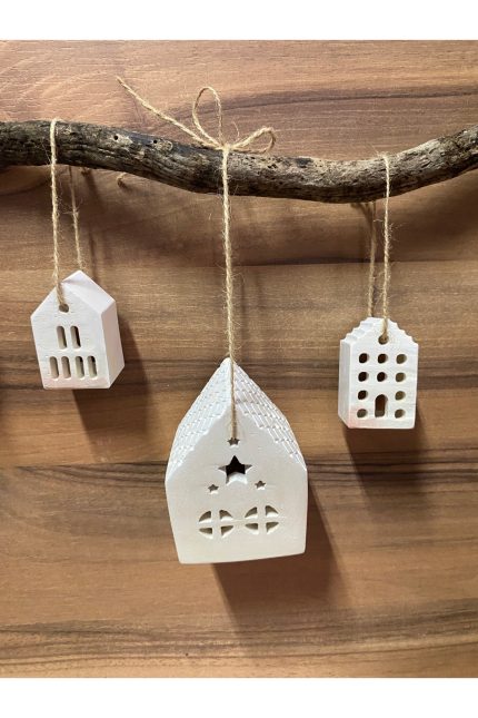 Dekoratif 3’lü Ev Seti, Yeniyıl, Yılbaşı Süsleme, İpli Askılı Ev Seti, Ev Mumluk Seti (Kırık Beyaz)