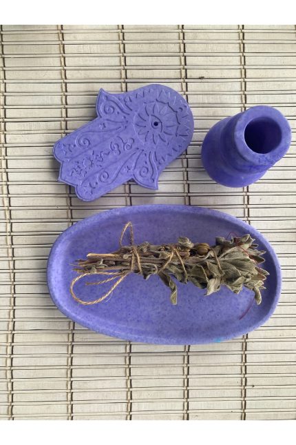 3’lü Enerji, Arınma ve Nazar Ritüel Karışık Tütsü Seti, Tütsü Yakma Kasesi, El Tütsülük, Minik Vazo  (Mor)