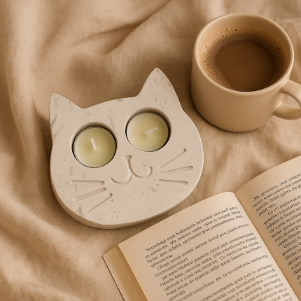 Kedi Gözü Tealight Mumluk – Doğal taş tozundan el yapımı dekoratif mumluk. Kedi severlere özel şık tasarım, modern ev dekorasyonu için ideal. Minimal, dayanıklı ve estetik mumluk modeli.